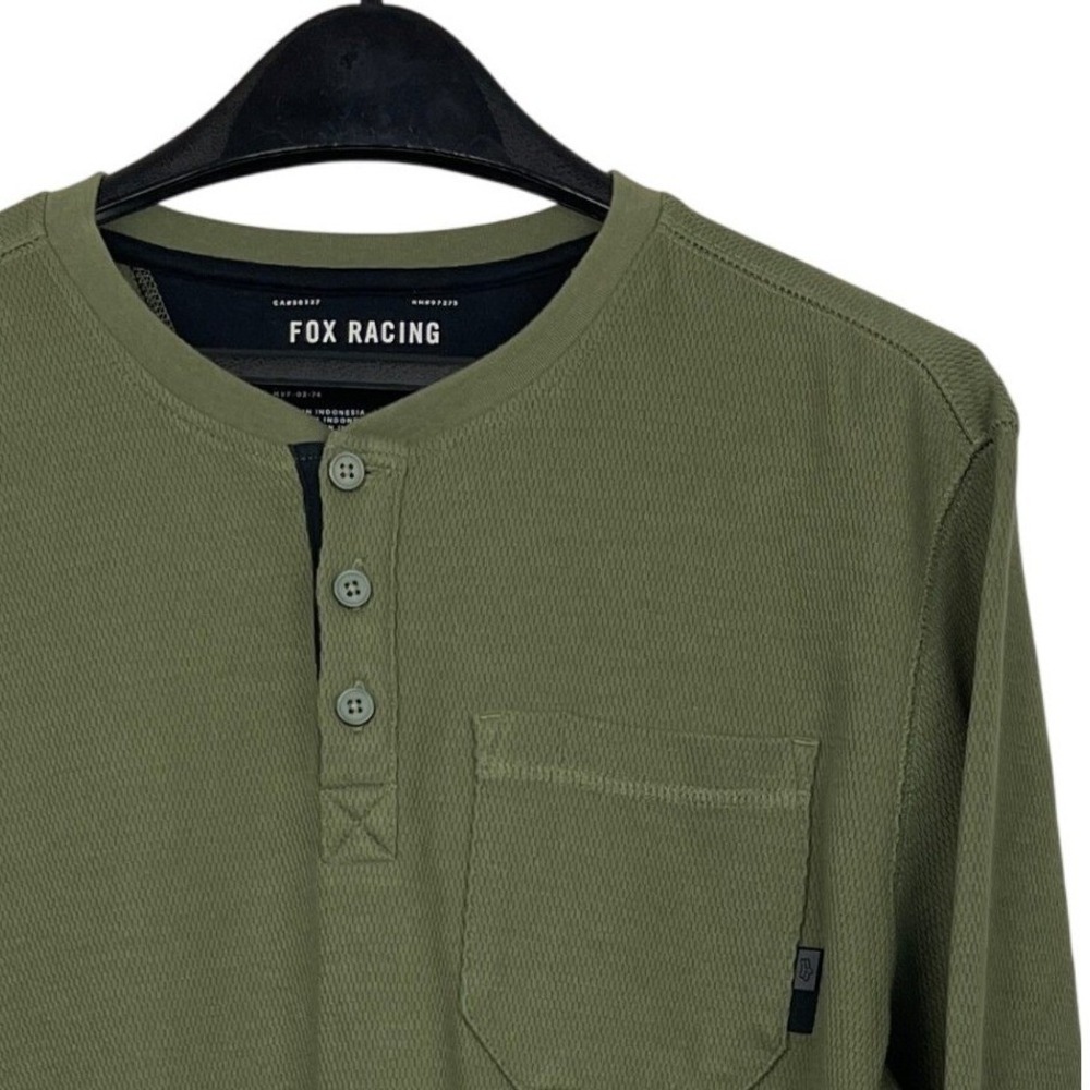 Fox Racing Mens L Waffle Knit Henley Shirt Long Sleeve Olive Green Chest Pocket